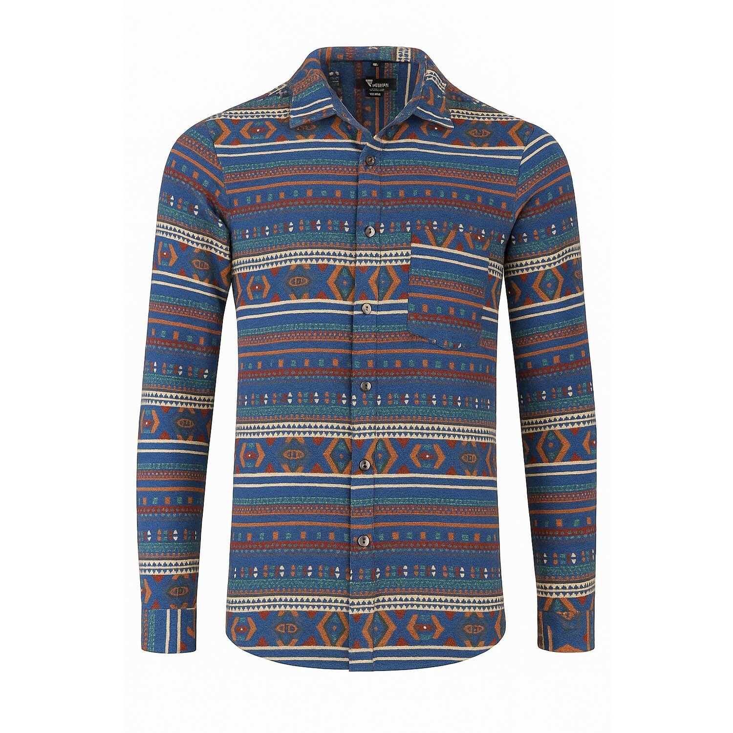 Tribal Printed Pattern Long Sleeve Button-Up Shirt // Blue