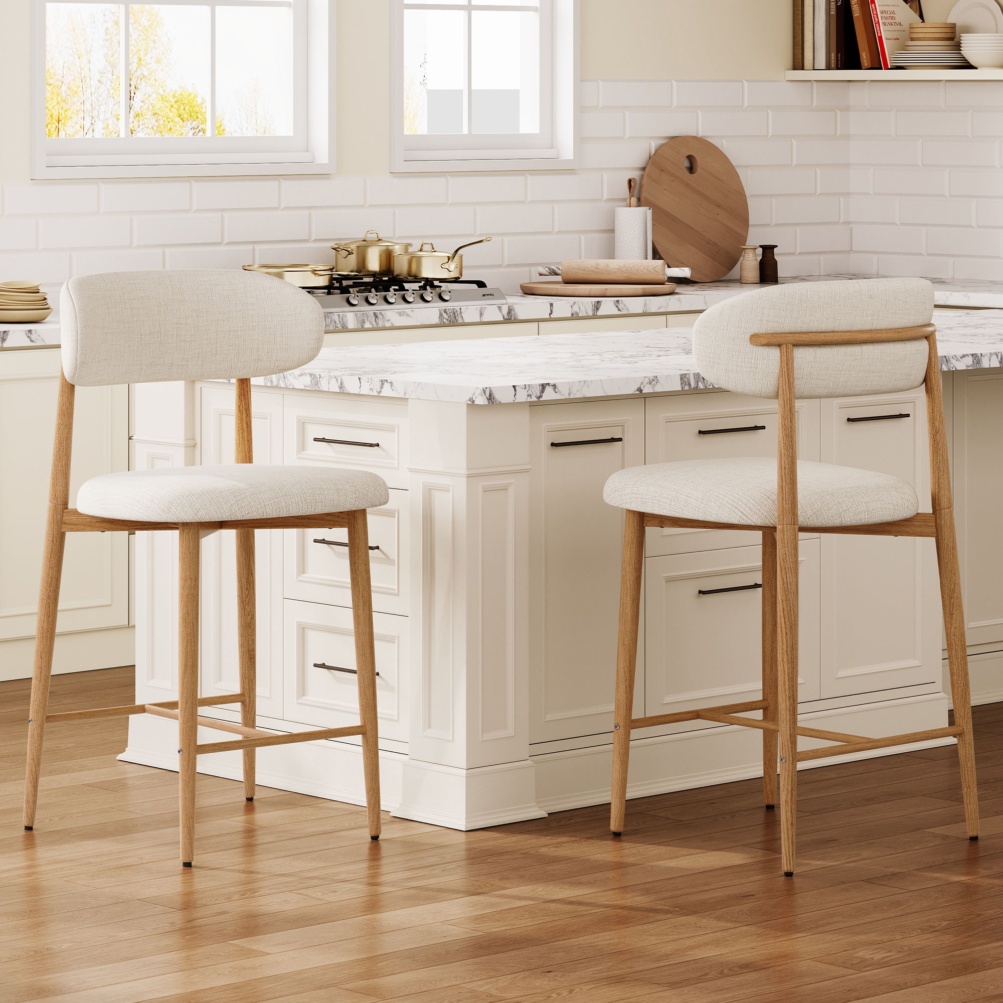 Upholstered Counter Height Bar Stools Island (Set of 2) - Beige