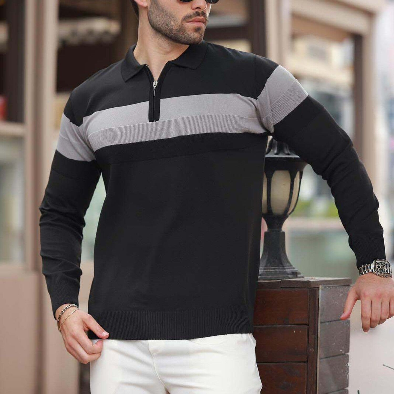 Chest Striped Quarter-Zip Polo Sweater // Black