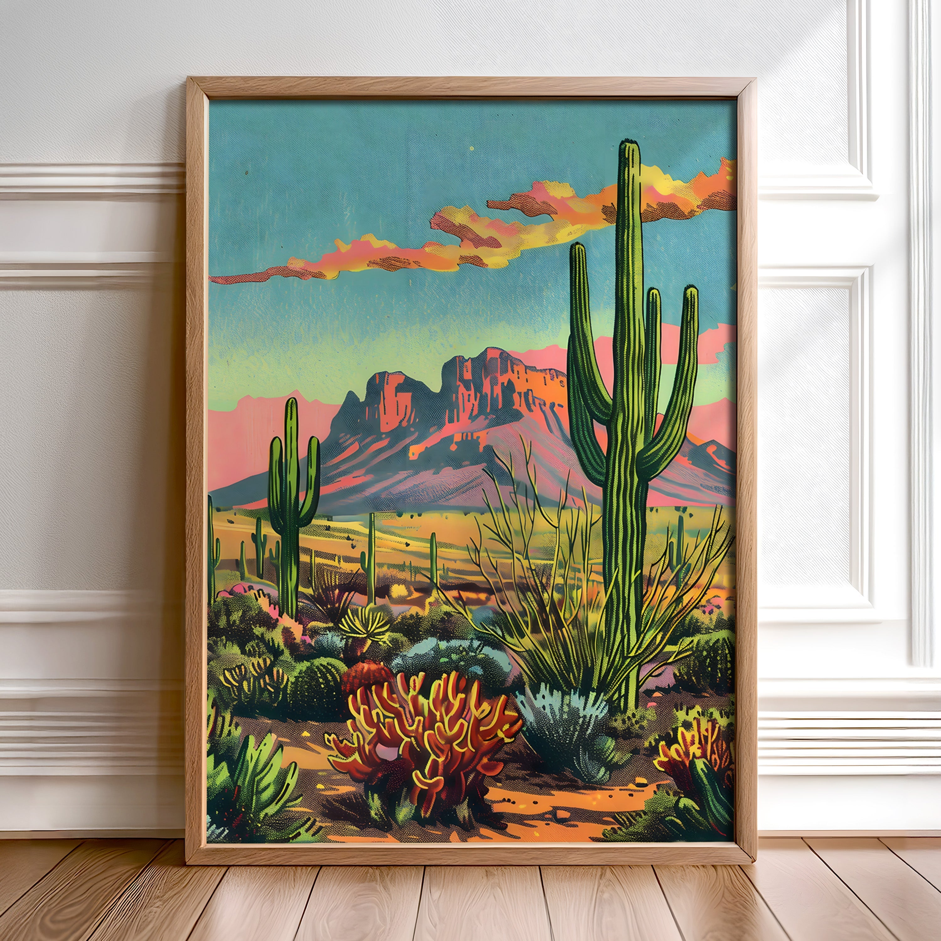 Vintage Postcard Style Desert Landscape Saguaro Art Print