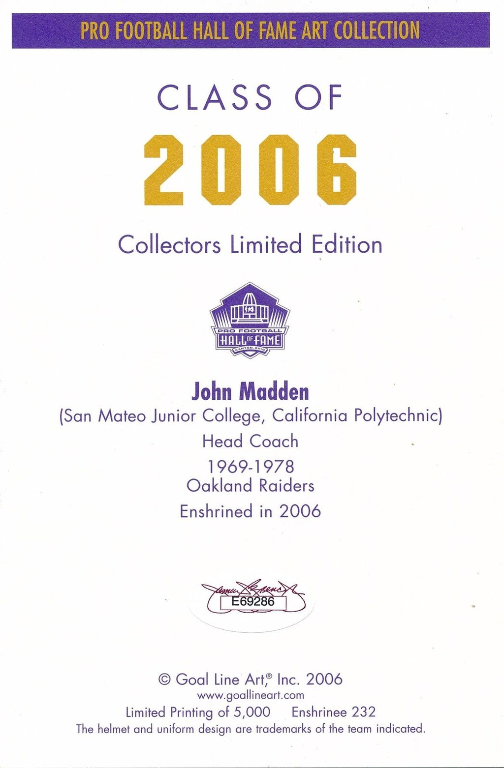 John Madden HOF Raiders Signed/Inscribed Goal Line Art GLAC Postcard JSA 165641