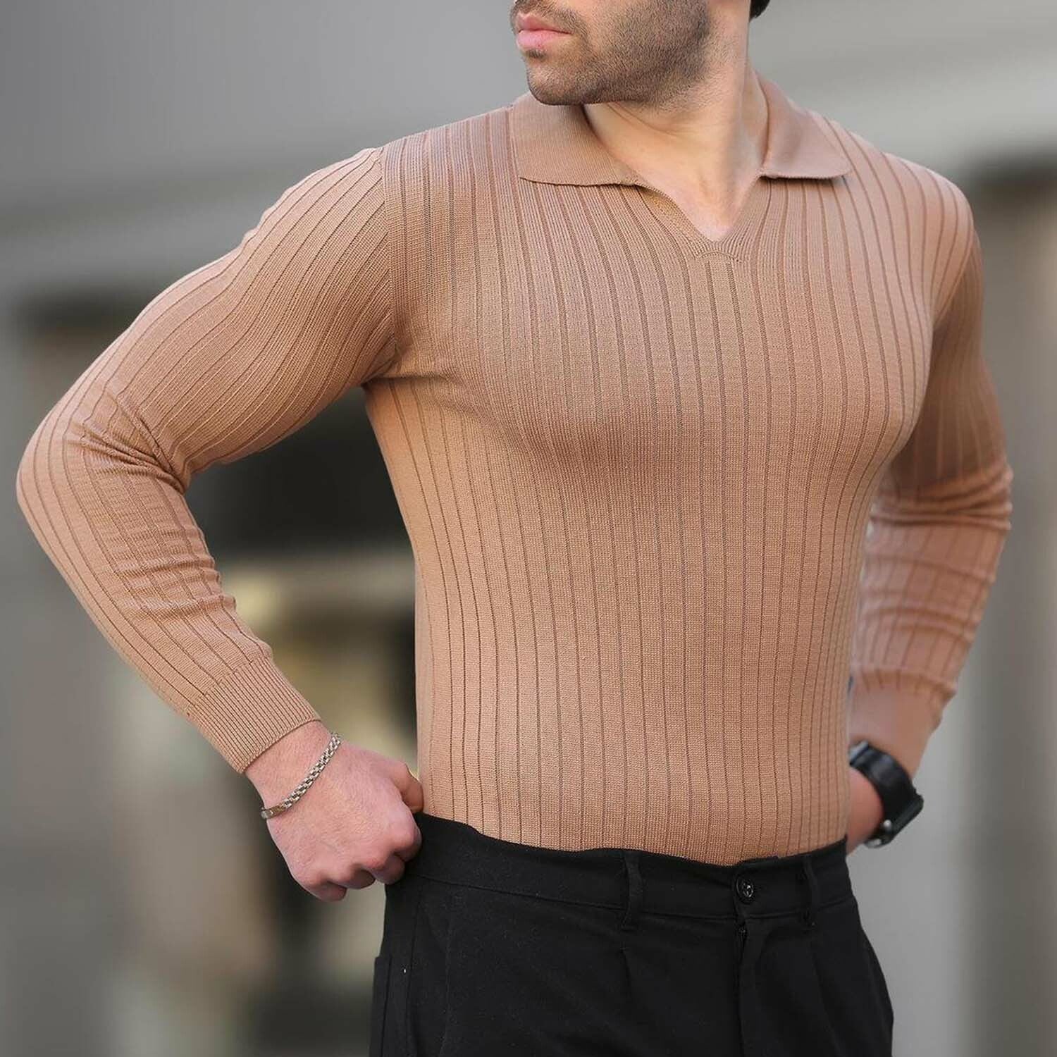 V-Neck Rib Knit Polo Sweater // Camel