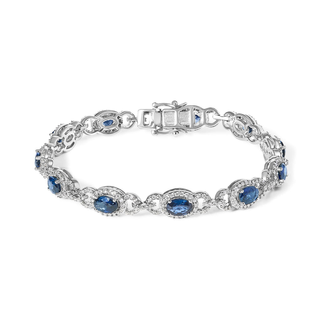 14K White Gold Vintage-Inspired Oval Blue Sapphire & Diamond Link Bracelet