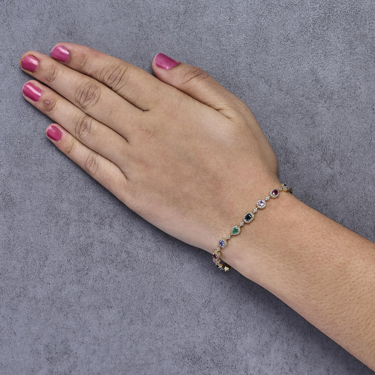 14K Yellow Gold Multi-Gemstone  and Diamond Halo Rainbow Link Bracelet