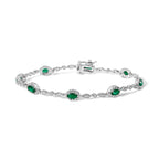 10K White Gold Oval Green Emerald & Diamond Alternating Link Bracelet