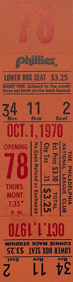 October 1, 1970 Full Ticket Final Game Phillies Connie Mack Stadium 187843