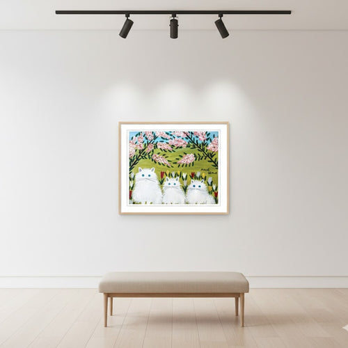 "Three White Cats" Framed Folk Art Painting Print By Maud Lewis