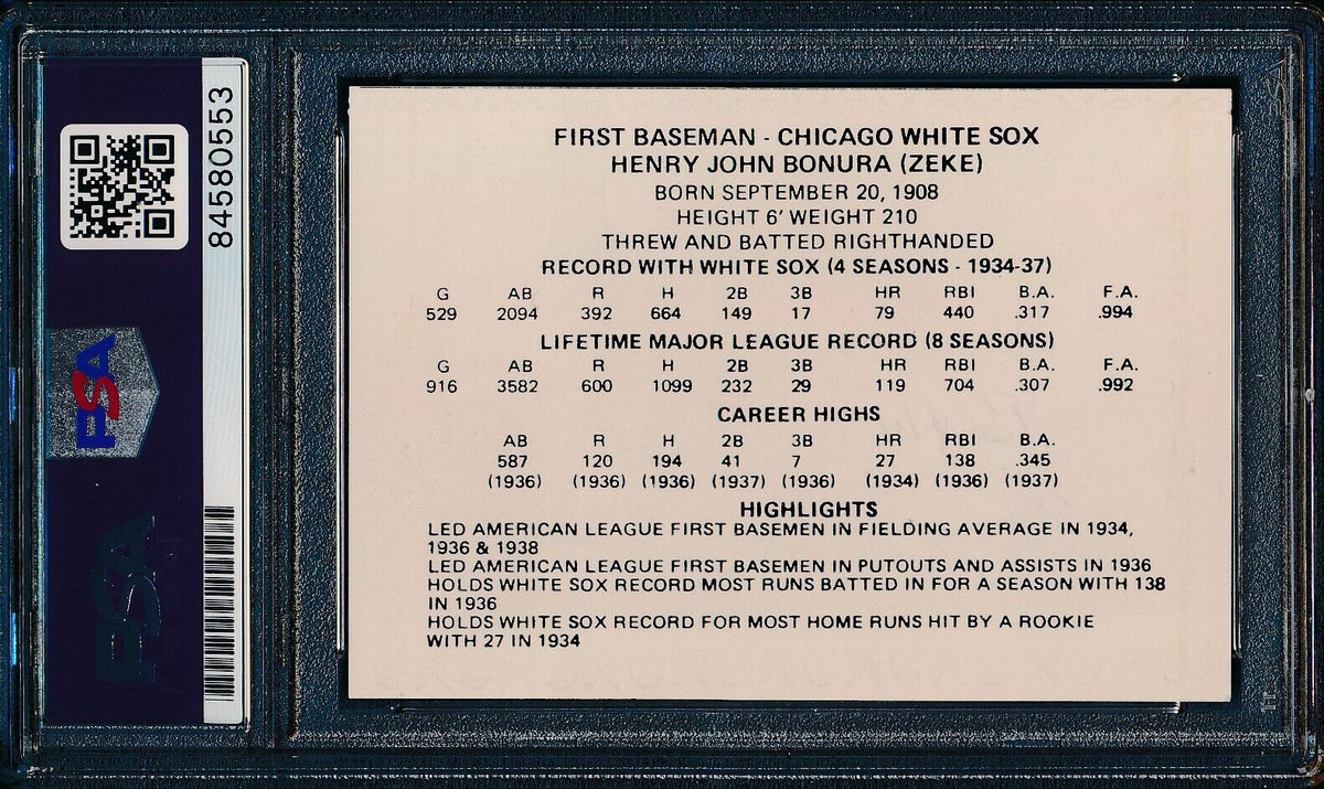 Zeke Bonura Signed/Auto 1976 Chicago's Greats Card Chicago White Sox PSA/DNA