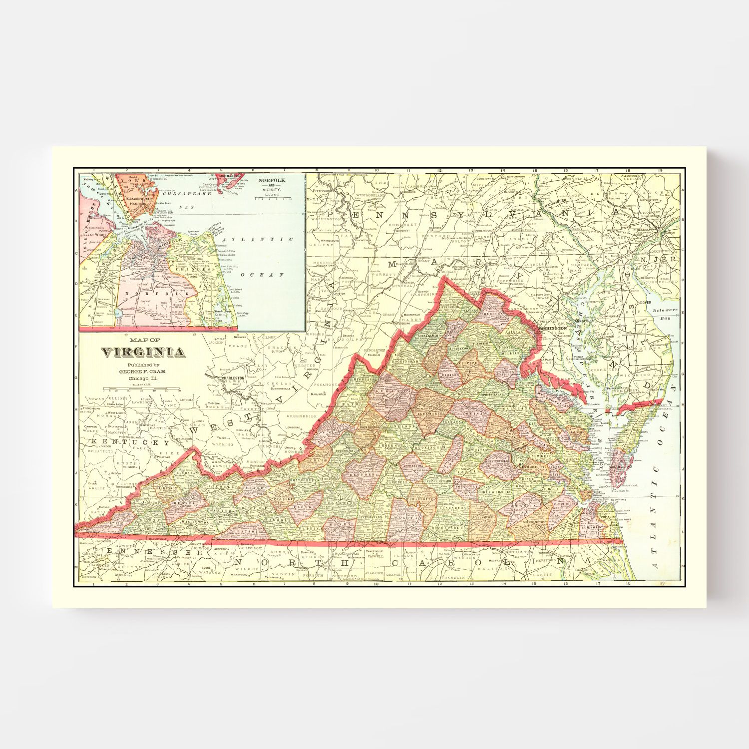 Vintage Map of Virginia 1908
