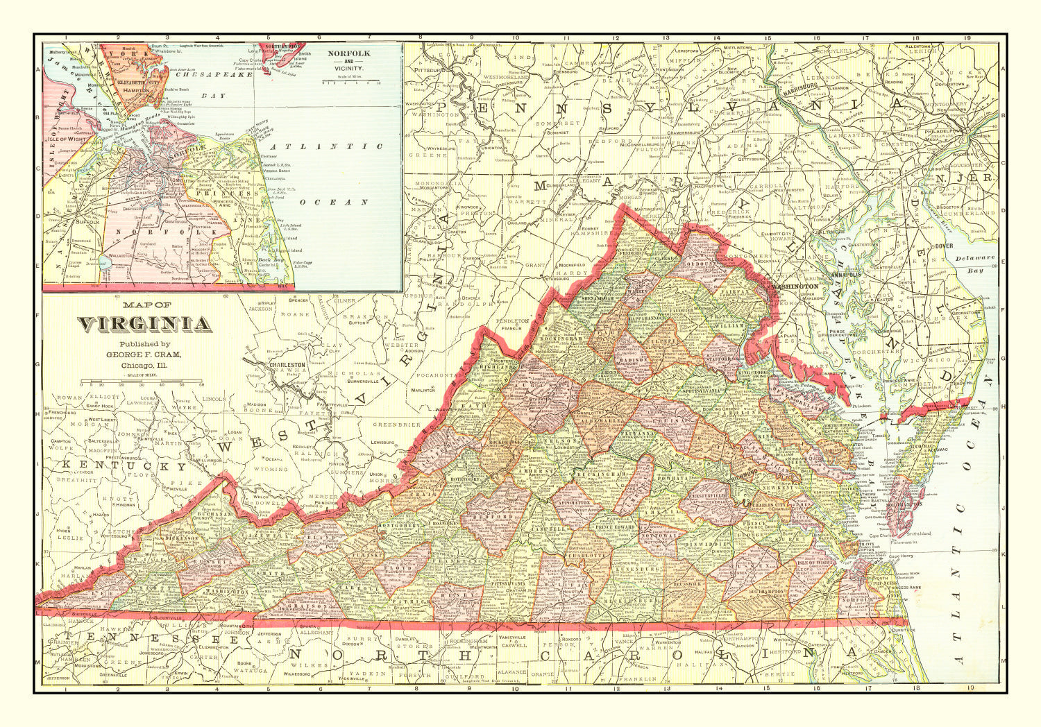 Vintage Map of Virginia 1908