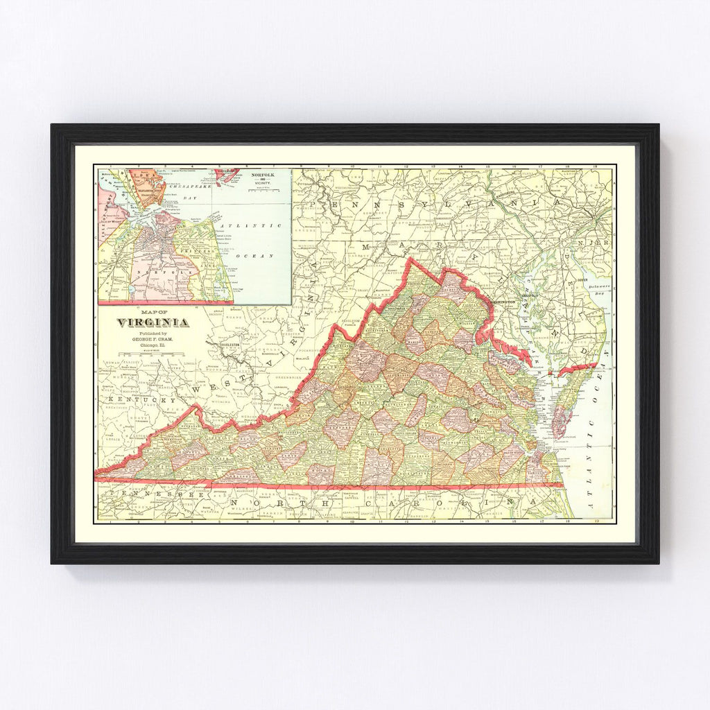 Vintage Map of Virginia 1908
