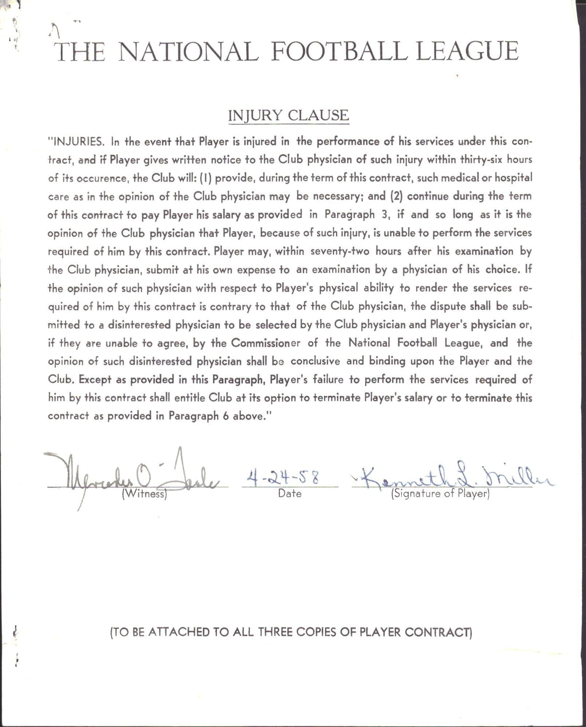 Kenneth Miller Autographed 1958 NFL Injury Clause Letter