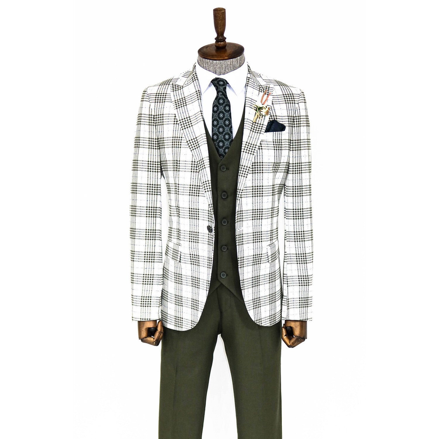 Callan Slim Fit Plaid 3-Piece Vested Suit // Green + White