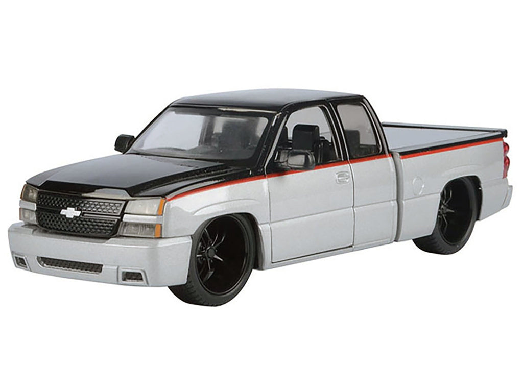 2006 Chevrolet Silverado Custom Pickup Truck Silver Metallic and Black with Red Stripes "Die-Cast Collection" Series 1/25 Diecast Model Car by Motormax