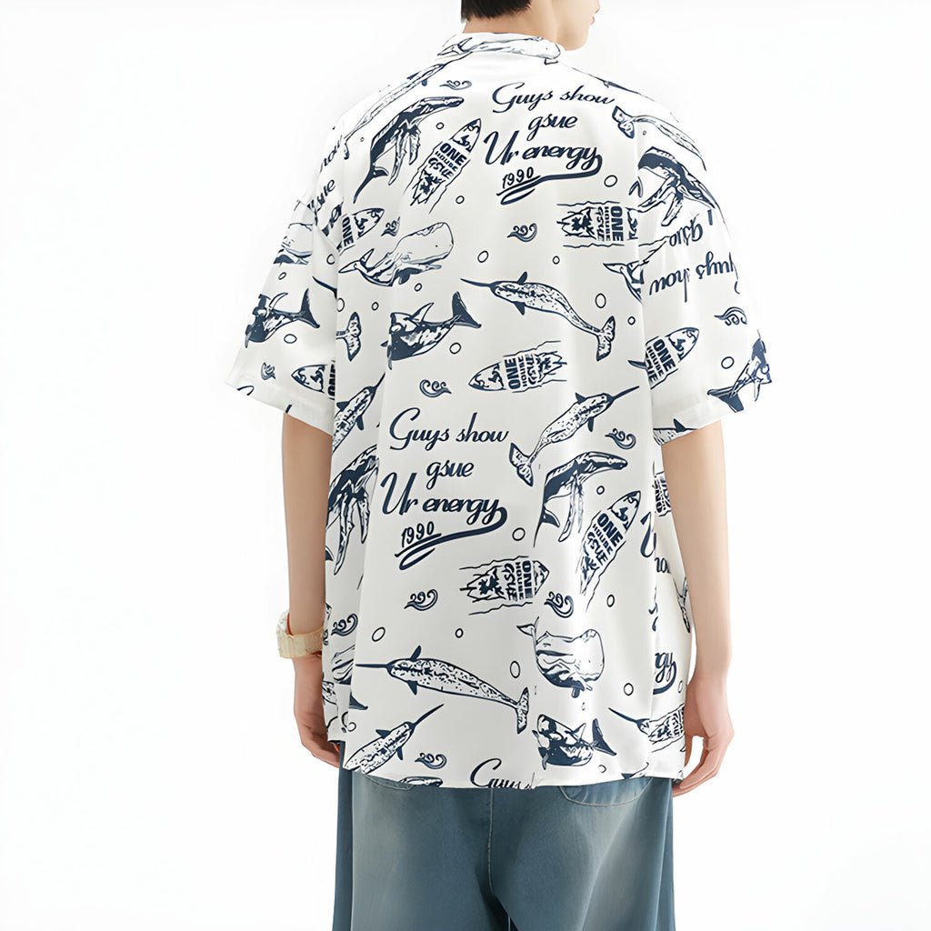 Whales Pattern Short-Sleeve Oversized Button-Up Shirt // White