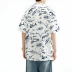 Whales Pattern Short-Sleeve Oversized Button-Up Shirt // White
