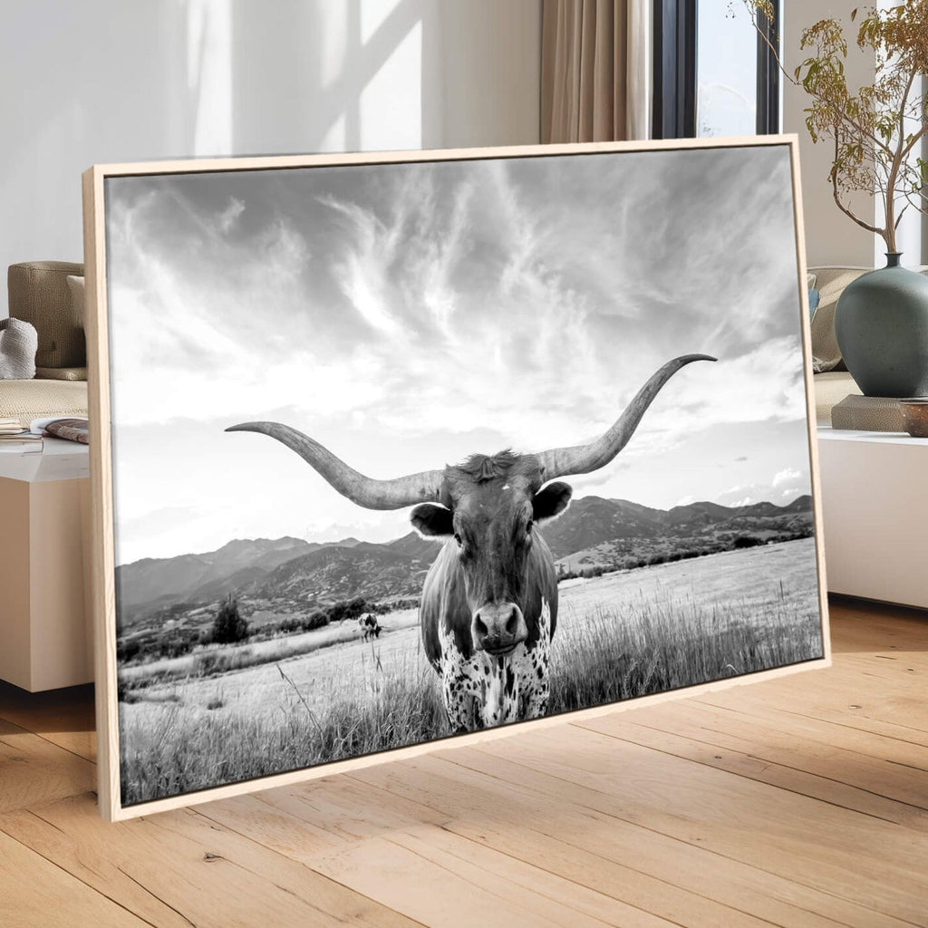 Longhorn Black and White Wall Art | Rustic Western Bull Canvas Print
