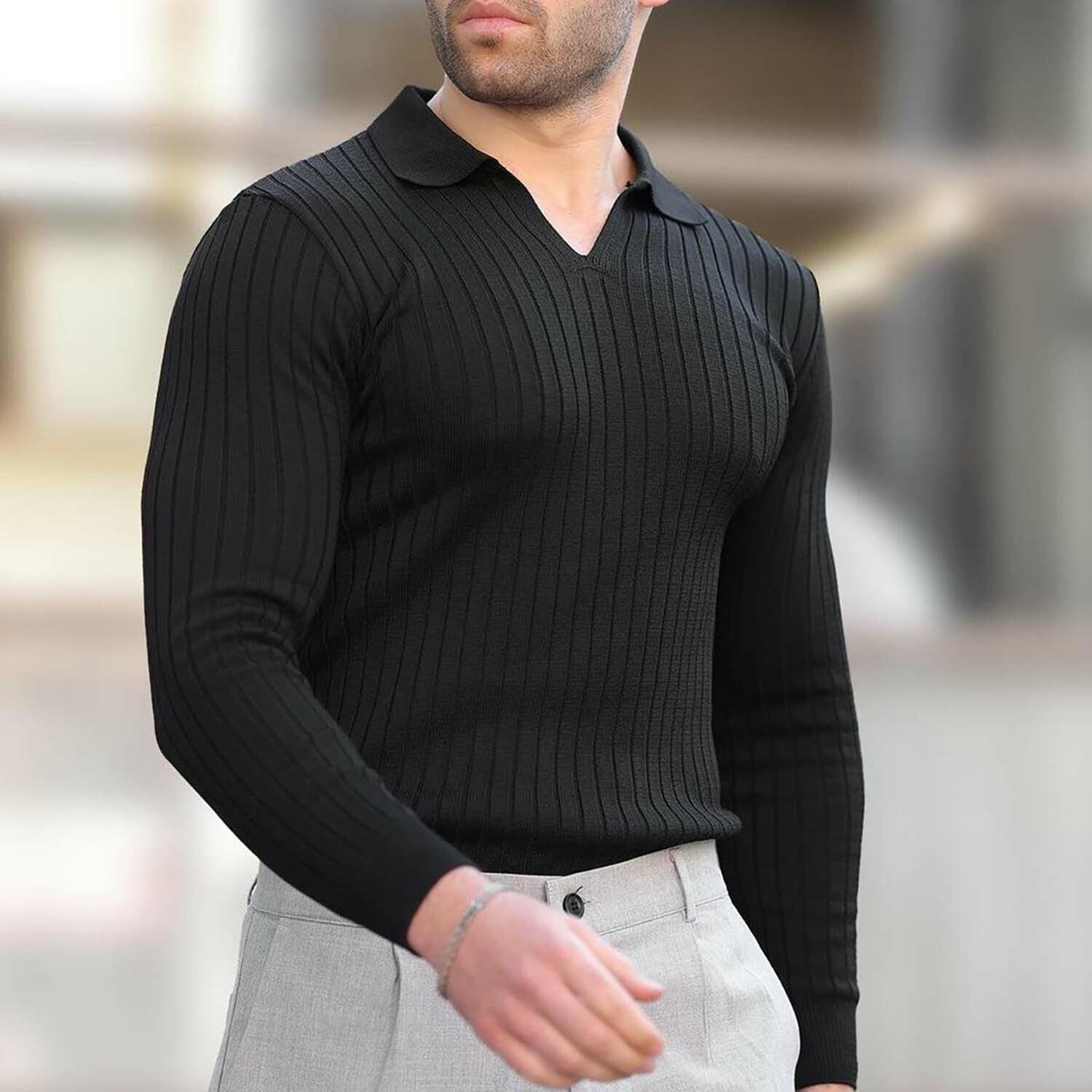 V-Neck Rib Knit Polo Sweater // Black