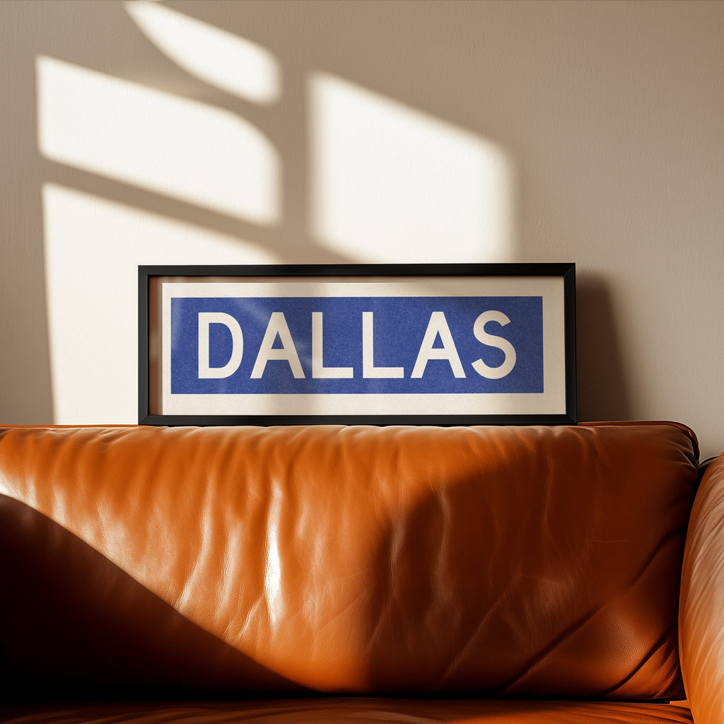 Framed Dallas Blue and White Bus Scroll