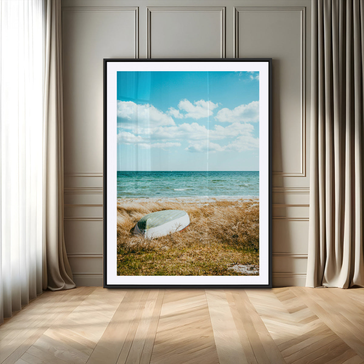 Coastal Serenity Wall Art Canvas Print, Framed Ocean View Art, Rustic Boat Nautical Coastal Decor