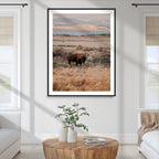 Solitary Buffalo Wall Art Canvas Print, Framed Golden Prairie Earthy Tones