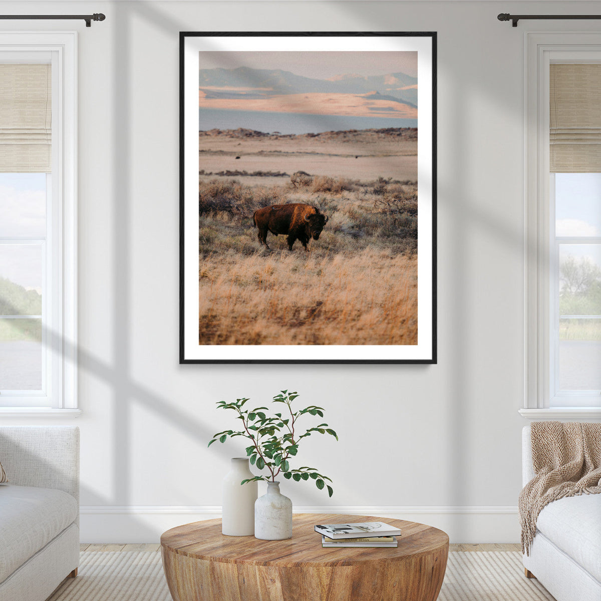 Solitary Buffalo Wall Art Canvas Print, Framed Golden Prairie Earthy Tones