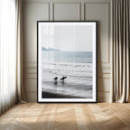 Surfer Silhouettes Wall Art Canvas Print, Framed Minimalist Ocean Art, Soft Horizon Coastal Decor