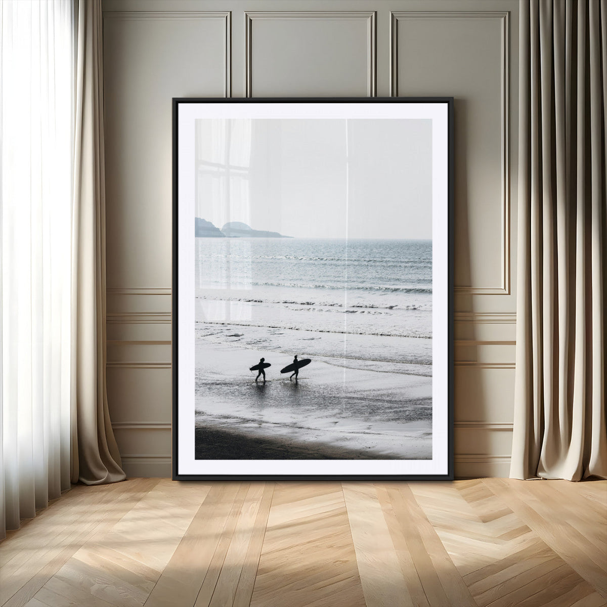 Surfer Silhouettes Wall Art Canvas Print, Framed Minimalist Ocean Art, Soft Horizon Coastal Decor