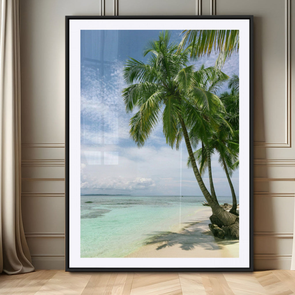 Tropical Beach Palm Trees Canvas Print, Framed Island Coastal Wall Art Ocean Horizon