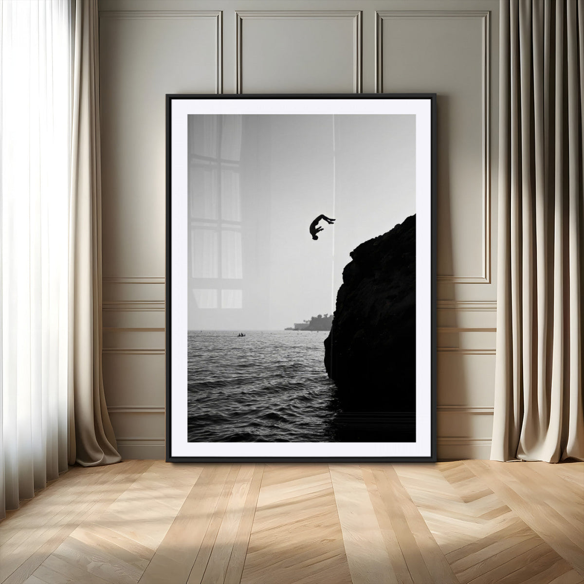 Silhouette Cliff Diver Wall Art | Framed Black White Ocean Canvas