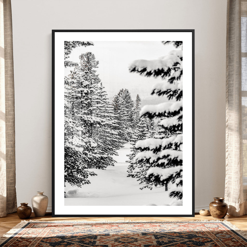 Winter Pine Forest Wall Art Canvas Print, Minimal Winter Landscape