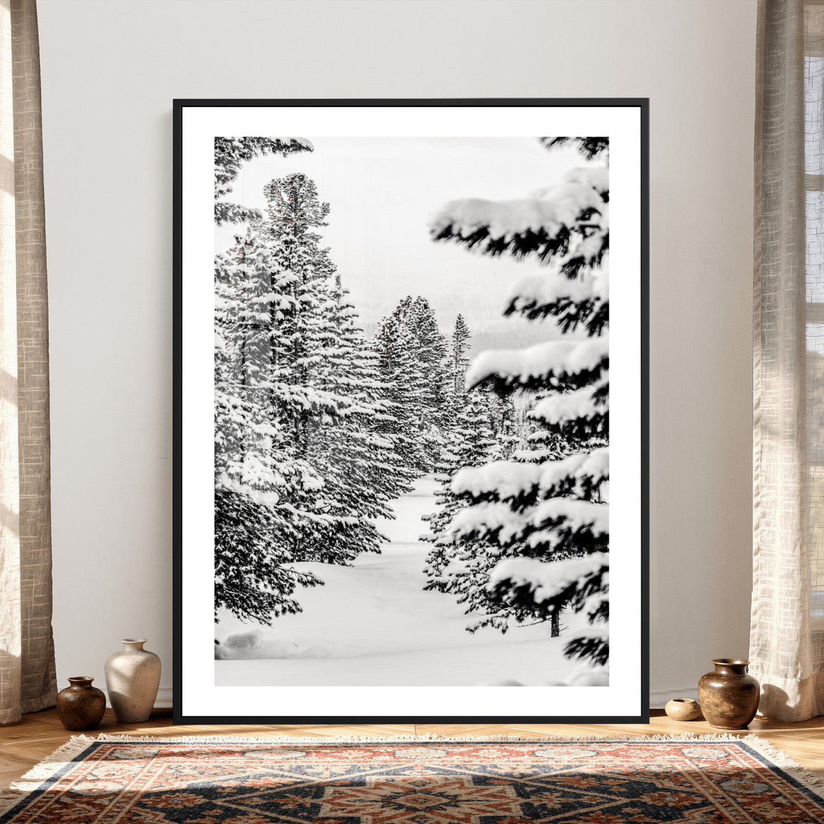 Winter Pine Forest Wall Art Canvas Print, Minimal Winter Landscape