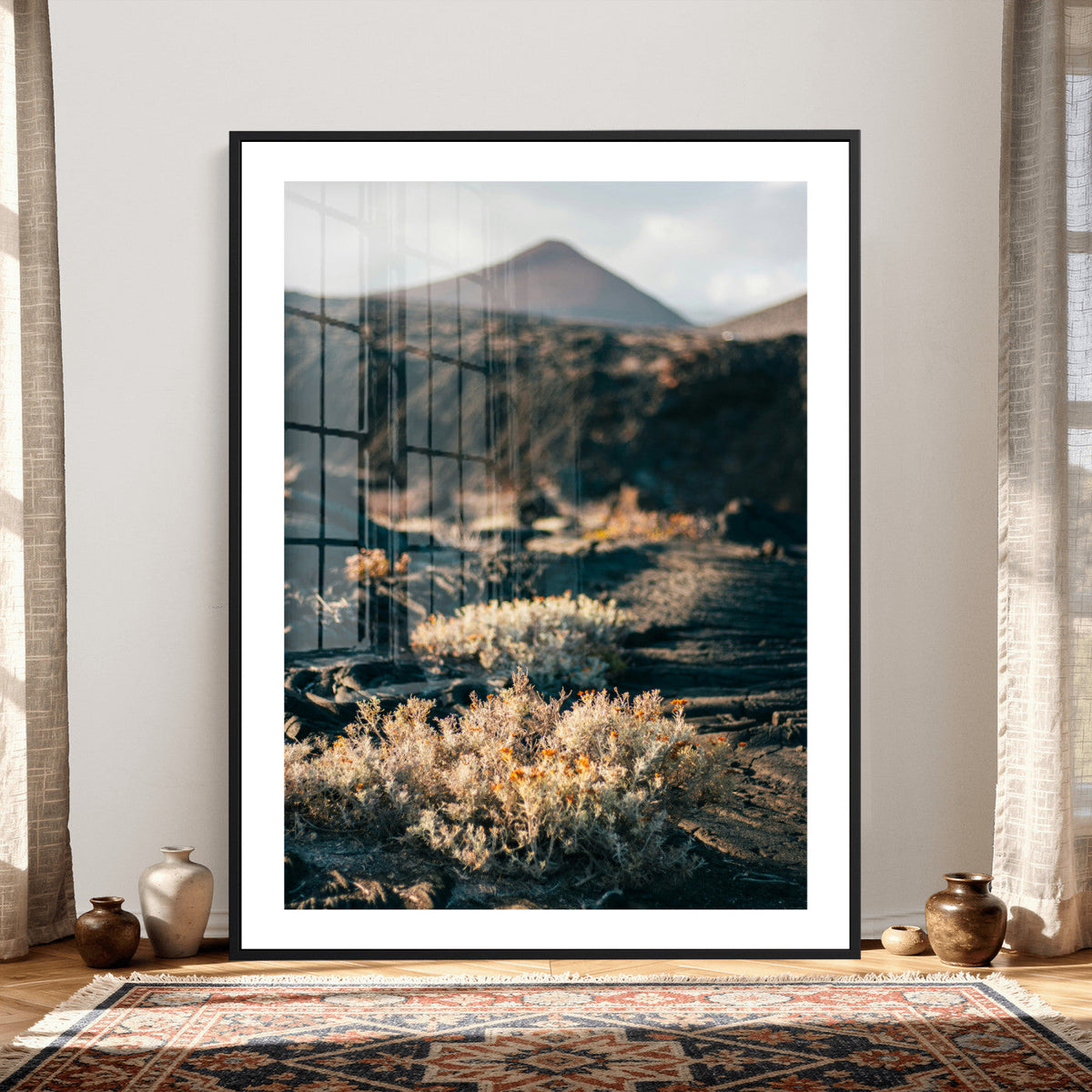 Desert Wall Art Canvas Print, Volcanic Landscape with Soft Wildflowers