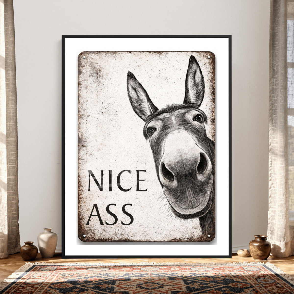 Funny Donkey Bathroom Wall Art Canvas Print, Nice Ass Farm Animal Sign