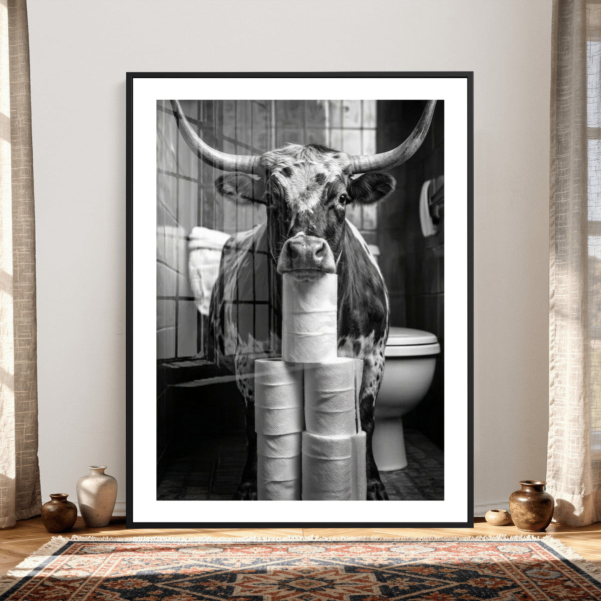 Texas Longhorn Cow Toilet Paper Canvas Wall Art, Funny Bathroom Decor