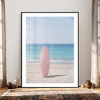 Pink Surfboard Canvas Wall Art, Minimalist Beach Photography
