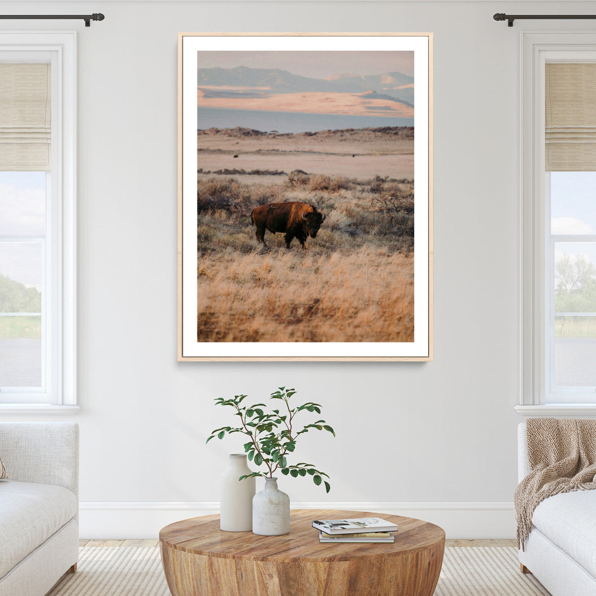 Solitary Buffalo Wall Art Canvas Print, Framed Golden Prairie Earthy Tones