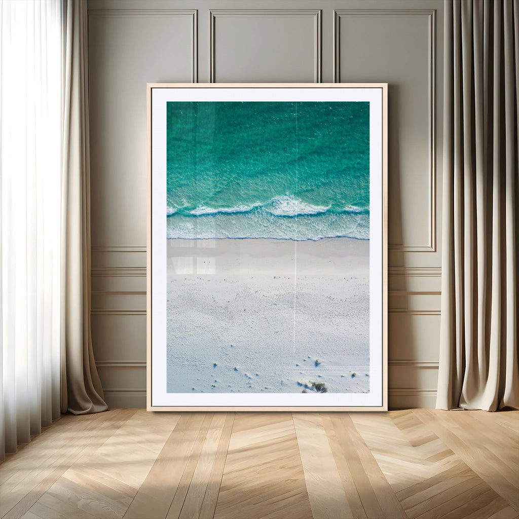 Turquoise Ocean Wall Art Canvas Print, Framed White Sand Shore Art, Gentle Waves Coastal Decor