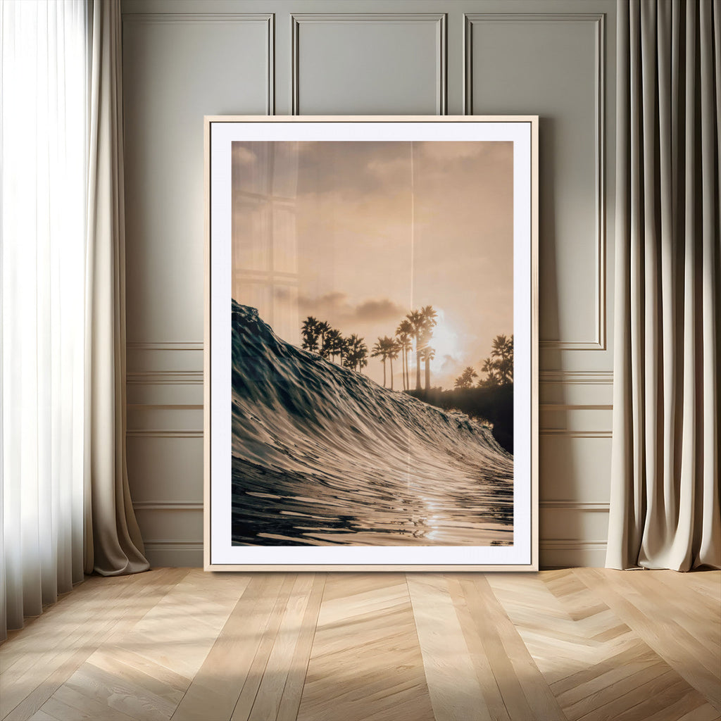Sunset Wave Ocean Wall Art | Framed Palm Tree Canvas