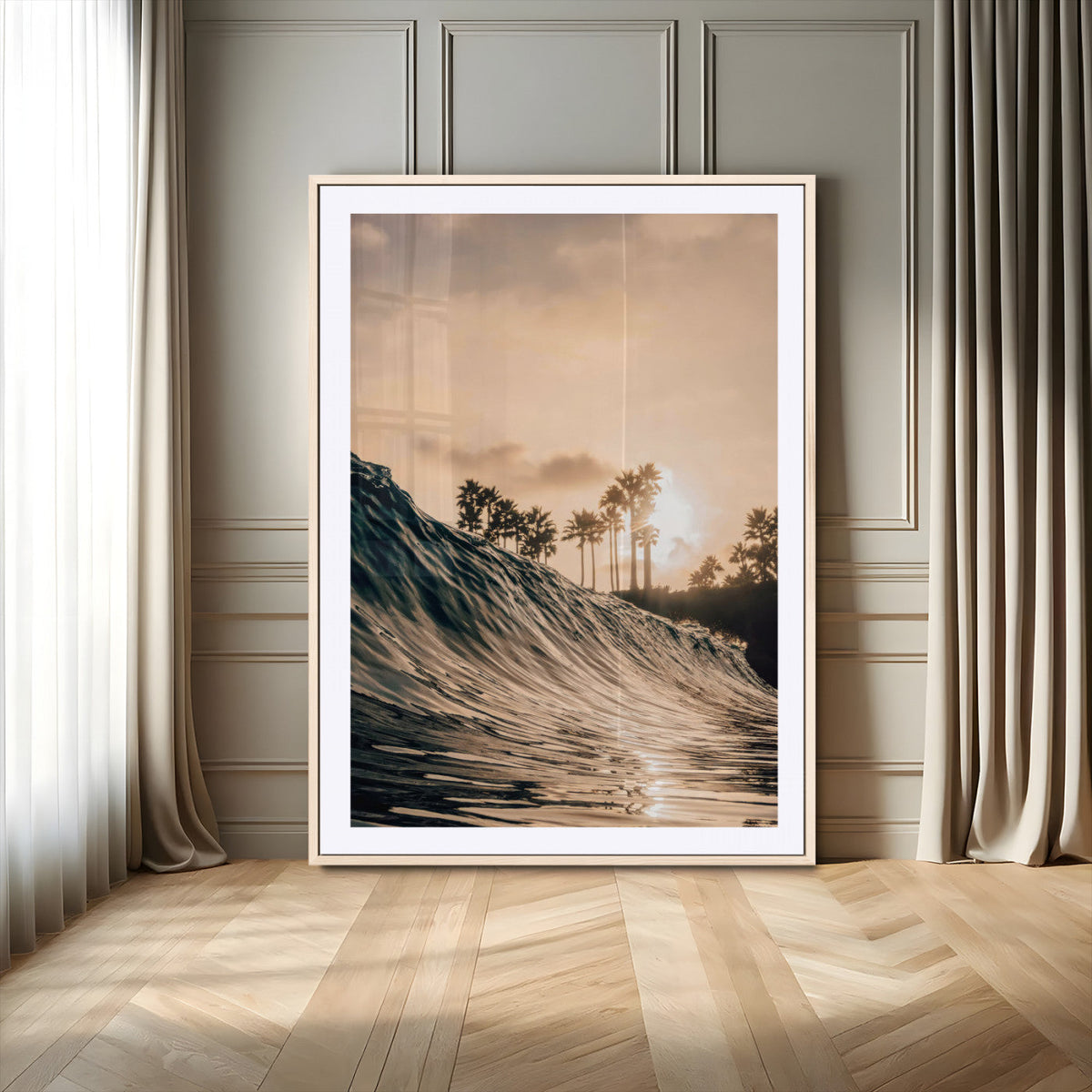 Sunset Wave Ocean Wall Art | Framed Palm Tree Canvas