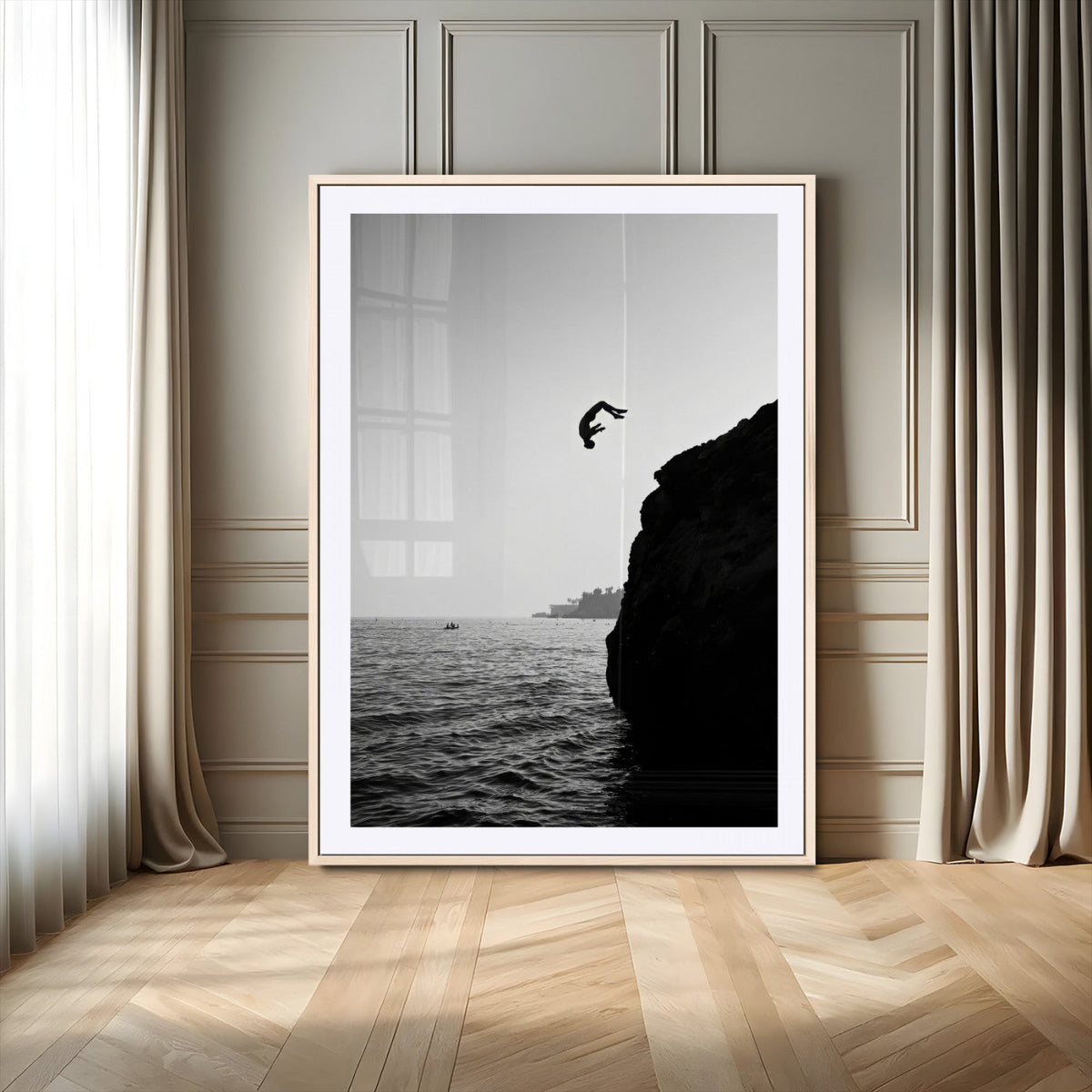 Silhouette Cliff Diver Wall Art | Framed Black White Ocean Canvas