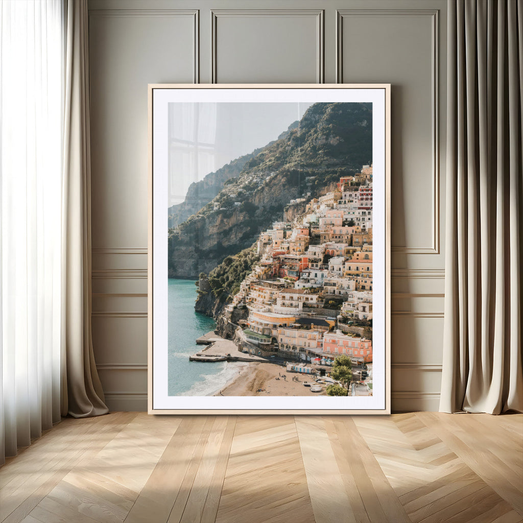 Mediterranean Coastal Cliffside Town Wall Art | Vibrant Seaside Canvas Print