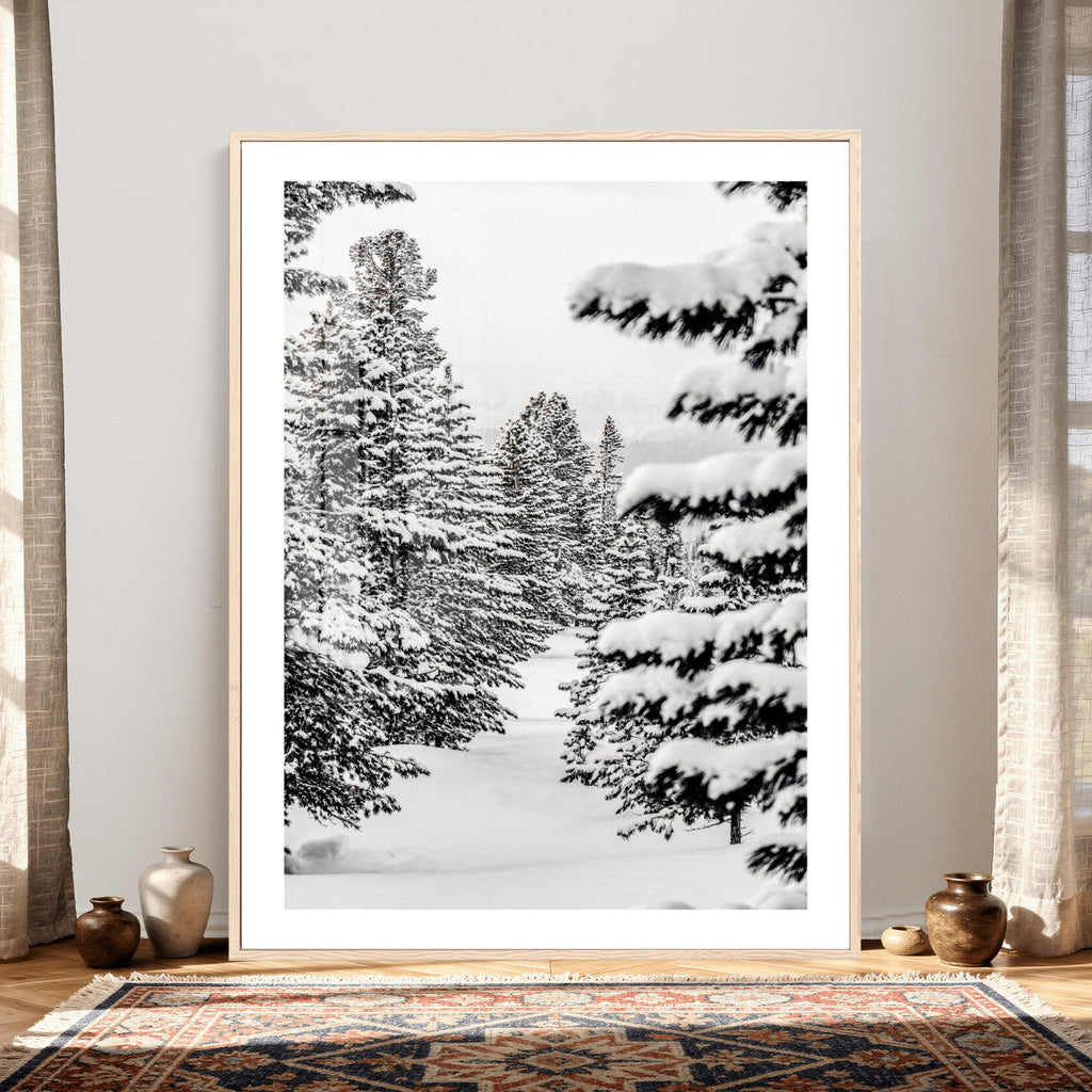 Winter Pine Forest Wall Art Canvas Print, Minimal Winter Landscape