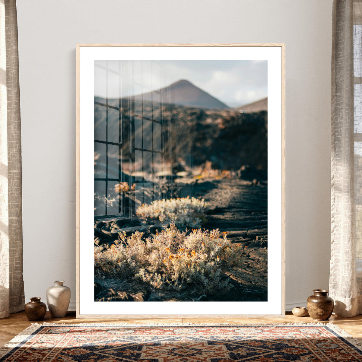 Desert Wall Art Canvas Print, Volcanic Landscape with Soft Wildflowers