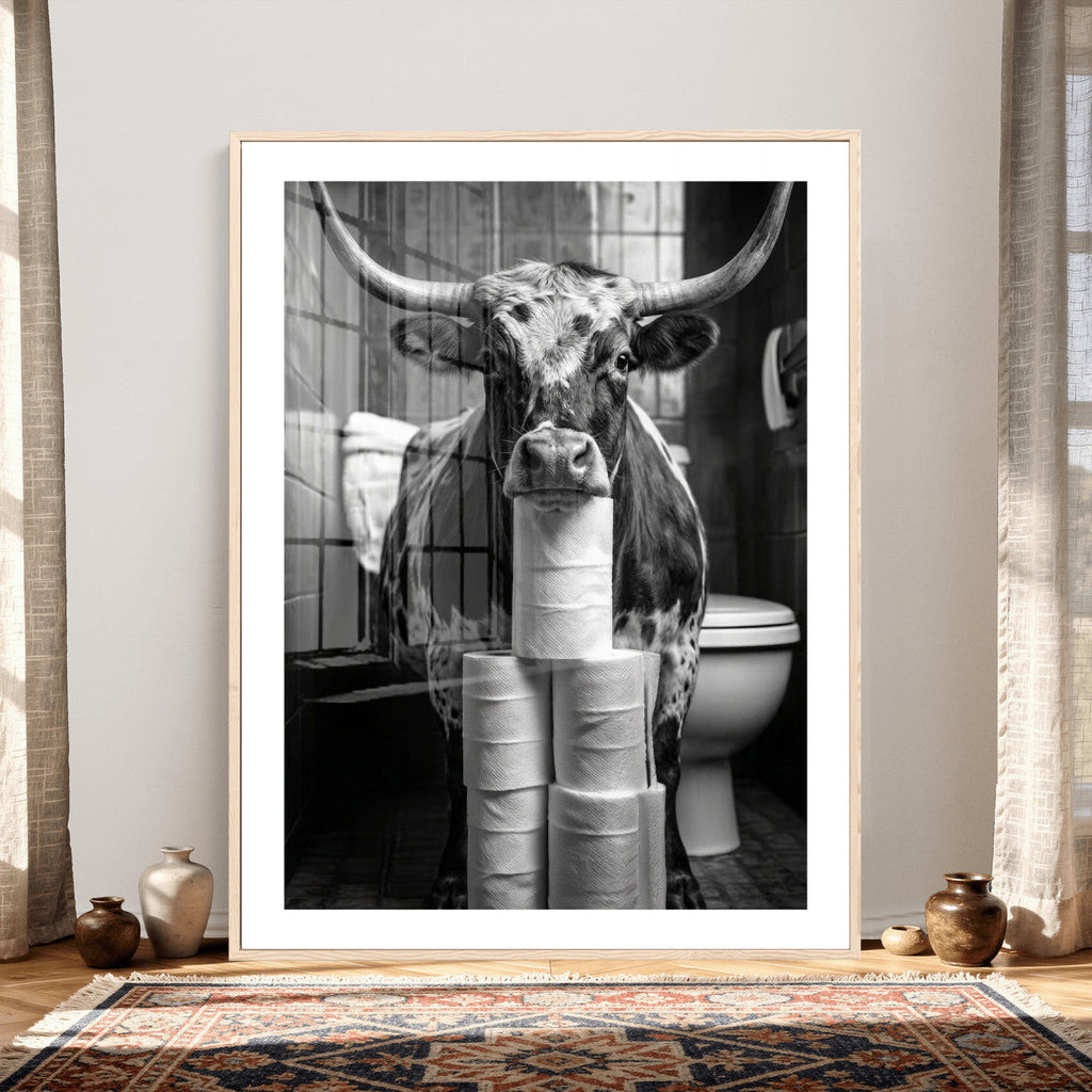 Texas Longhorn Cow Toilet Paper Canvas Wall Art, Funny Bathroom Decor
