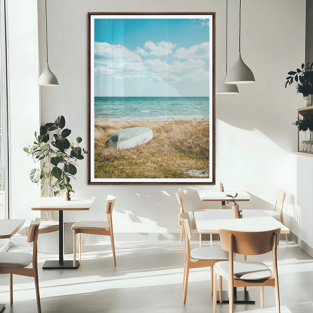 Coastal Serenity Wall Art Canvas Print, Framed Ocean View Art, Rustic Boat Nautical Coastal Decor