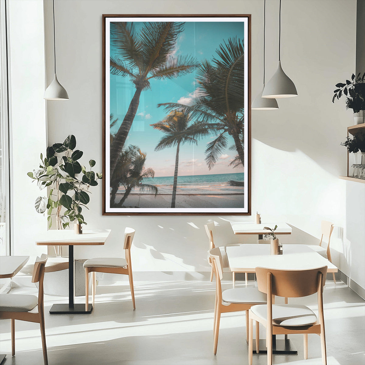 Palm Trees Wall Art Canvas Print, Framed Tropical Beach Art, Ocean Breeze Tropical Coastal Decor
