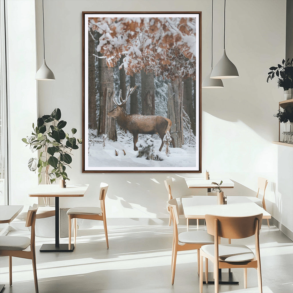 Serene Landscape Wall Art Canvas Print, Framed Winter Wonderland Deer Art, Rustic Cabin Decor