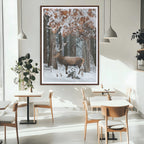 Serene Landscape Wall Art Canvas Print, Framed Winter Wonderland Deer Art, Rustic Cabin Decor
