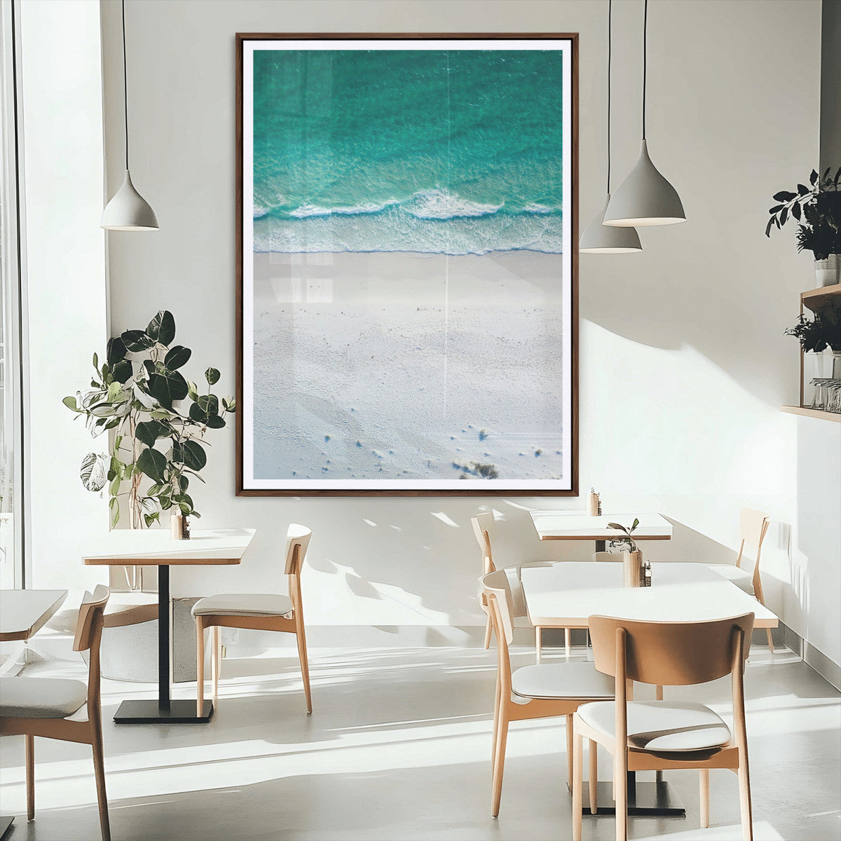 Turquoise Ocean Wall Art Canvas Print, Framed White Sand Shore Art, Gentle Waves Coastal Decor